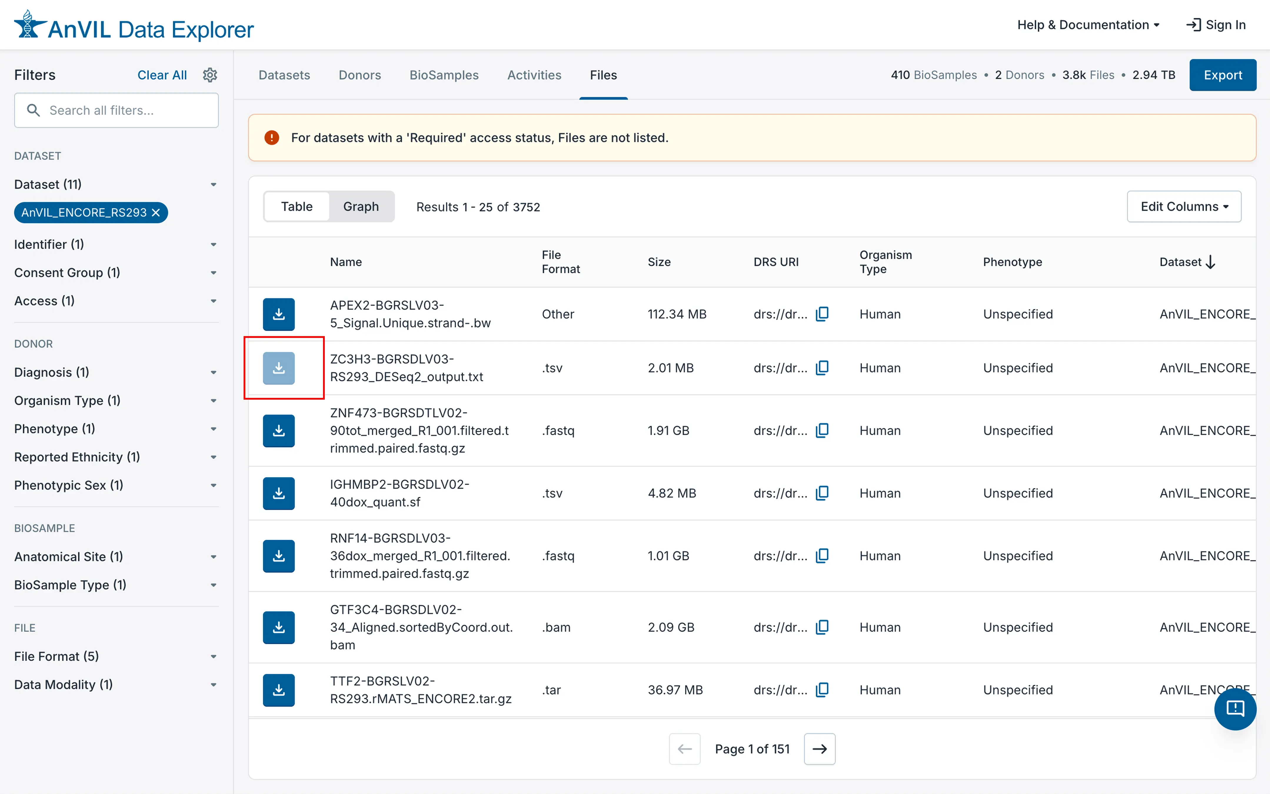 Disabled download icon for files that are not available for download
